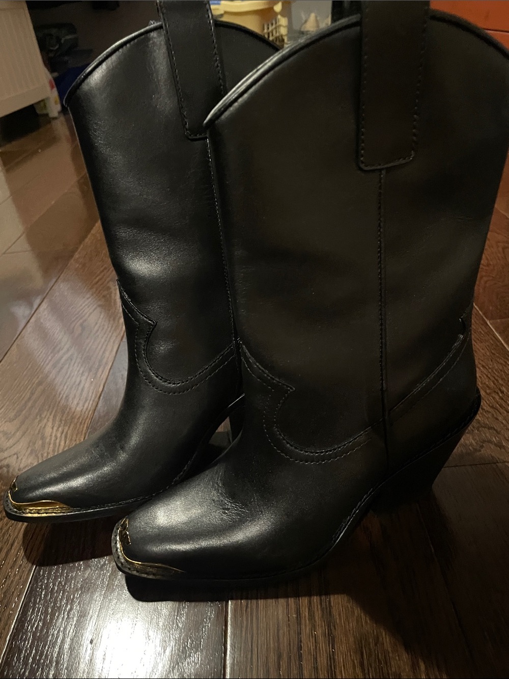 Tory Burch Black Leather Western Heeled Boots with Gold Toe Accent